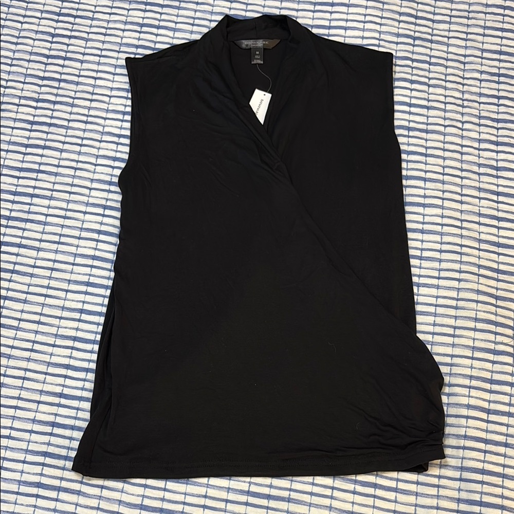 Banana Republic Black Sleeveless Wrap Blouse with Mandarin Collar